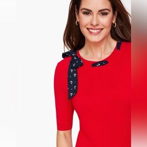 Talbots Women's Scarf Tie Sweater Nautical Anchor Red Blue Shirt Sleeved SPetite